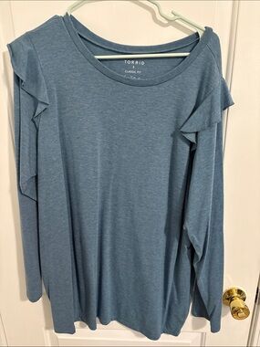 torrid Dusty Blue Ruffle Shoulder Long Sleeve Tee
